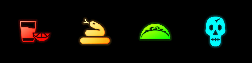 Set Tequila glass with lemon, Snake, Taco tortilla and Skull icon. Vector