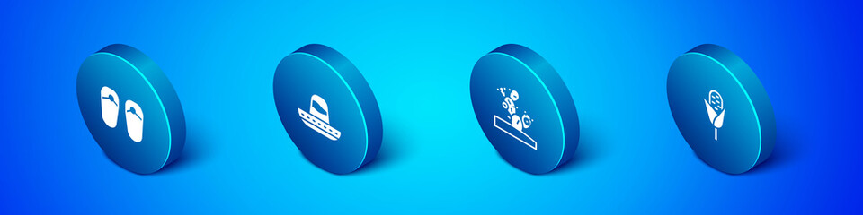 Set Isometric Flip flops, Cactus, Corn and Mexican sombrero icon. Vector