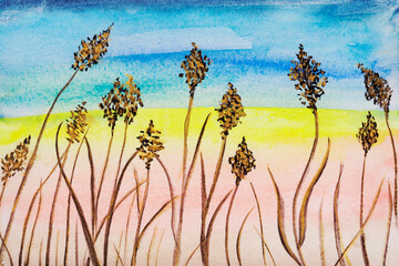 reed, cattail marsh grass in watercolor gold, black on blue and yellow background