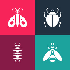 Set pop art Bee, Centipede, Mite and Butterfly icon. Vector