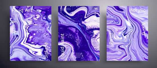 Abstract liquid banner, fluid art vector texture pack.Artistic background that applicable for design cover, invitation, flyer and etc. Navy blue, lavender and white unusual creative surface template.