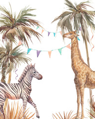 Safari party frame. Illustration with elephant, monkey, leopard and giraffe. Watercolor animal and jungle flora on white background.