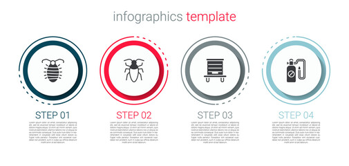 Set Larva insect, Cockroach, Hive for bees and Pressure sprayer. Business infographic template. Vector