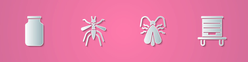 Set paper cut Glass jar, Mosquito, Clothes moth and Hive for bees icon. Paper art style. Vector