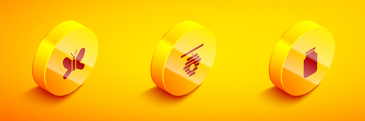 Set Isometric Butterfly, Hive for bees and Glass jar icon. Vector