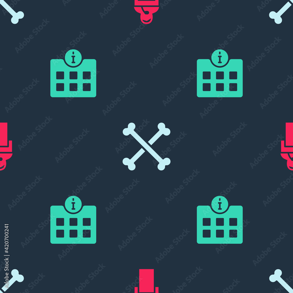 Poster set gives lecture, crossed human bones and information on seamless pattern. vector