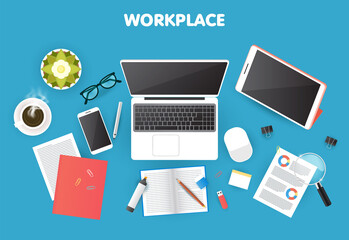 Workplace for Business, management and IT, Top View of Laptop, Mouse, Digital Pen, Tablet, Smartphone, Clips, Reported Paper, Magnifying Glass, Notebook, Pencil, Marker, Coffee, Glasses and Pottery
