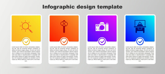 Set Magnifying glass, Stone age hammer, Photo camera and Glass showcase for exhibit. Business infographic template. Vector