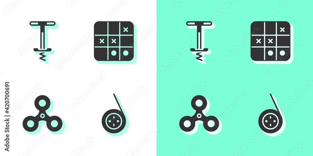 Poster set yoyo toy, pogo stick jumping, fidget spinner and tic tac toe game icon. vector
