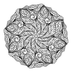 Black and white ethnic style floral mandala pattern for antistress coloring. Abstract coloring page.