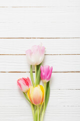 beautiful tulips on white wooden background