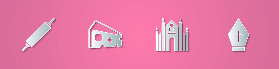 Set paper cut Rolling pin, Cheese, Milan Cathedral and Pope hat icon. Paper art style. Vector