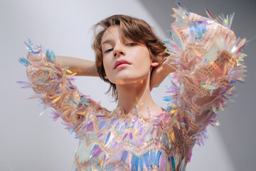Young model posing in holographic sequins dress