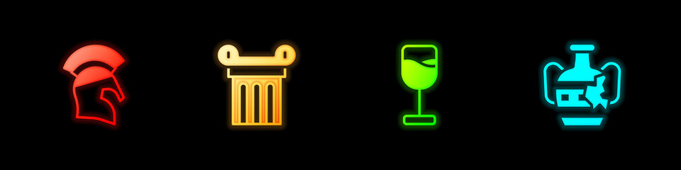 Set Greek helmet, Ancient column, Wine glass and Broken amphorae icon. Vector