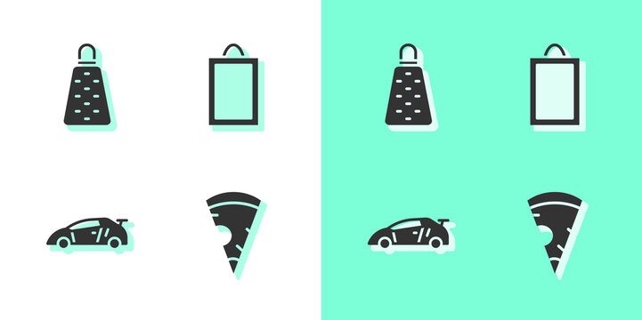 Set Slice of pizza, Grater, Sport racing car and Picture icon. Vector