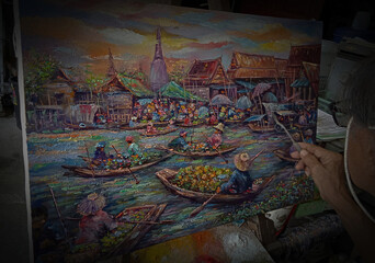 Art painting Oil color Floating market Thai land