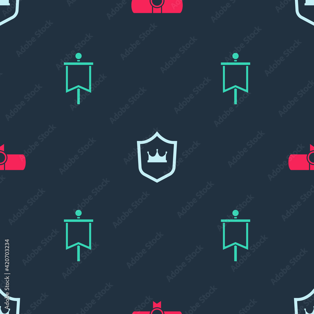 Poster set decree, parchment, scroll, shield with crown and medieval flag on seamless pattern. vector