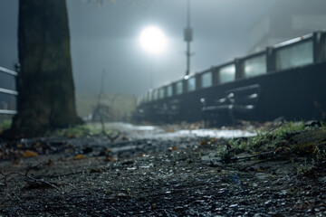 A low angle shot of a path with a bench and street lights behind.
