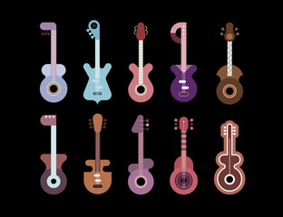 Ten Guitars Isolated On A Black Background