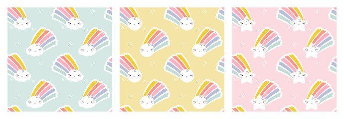 Fototapeta na wymiar Seamless patterns set of kawaii sun, star and cloud with rainbows. Creative vector design for cute wallpaper or funny packaging