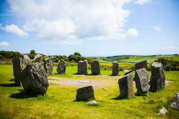 Naklejka premium Spring landscape in Drombeg megaliths in Ireland