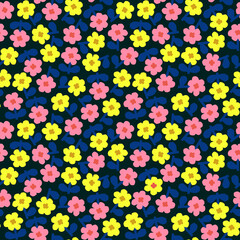 Vector bright pattern with stylized flowers. Cute seamless background with navy blue background and tiny yellow and pink flowers. Floral pattern for fabric and paper with spring and summer vibe.