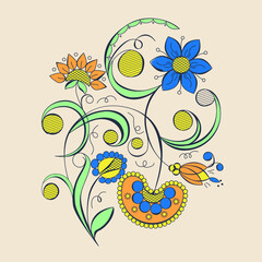 Beautiful colorful abstract flower. Hand drawn plant branches. Greenery design elements