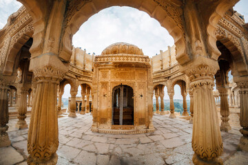 The royal cenotaphs of historic rulers, also known as Jaisalmer Chhatris, at Bada Bagh in Jaisalmer...