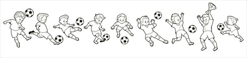 Coloring book  set of isolated images of boys soccer players in different poses playing a soccer ball. Vector illustration in cartoon style, black and white line art © Hanna