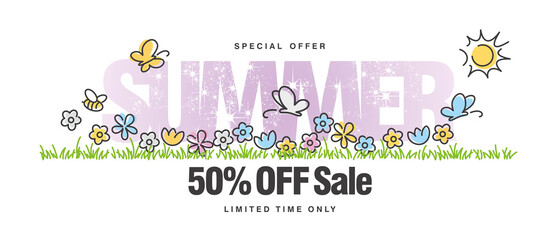 Special offer Summer Sale 50 % off with colorful spring flowers butterflies tulips bee in grass isolated white background