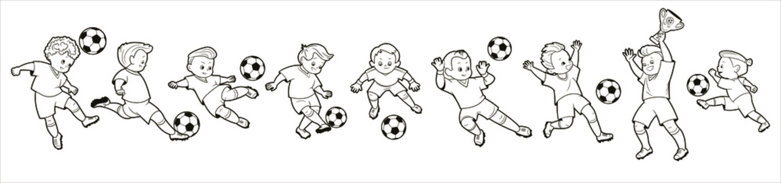Coloring book; set of isolated images of boys soccer players in different poses playing a soccer ball. Vector illustration in cartoon style, black and white line art