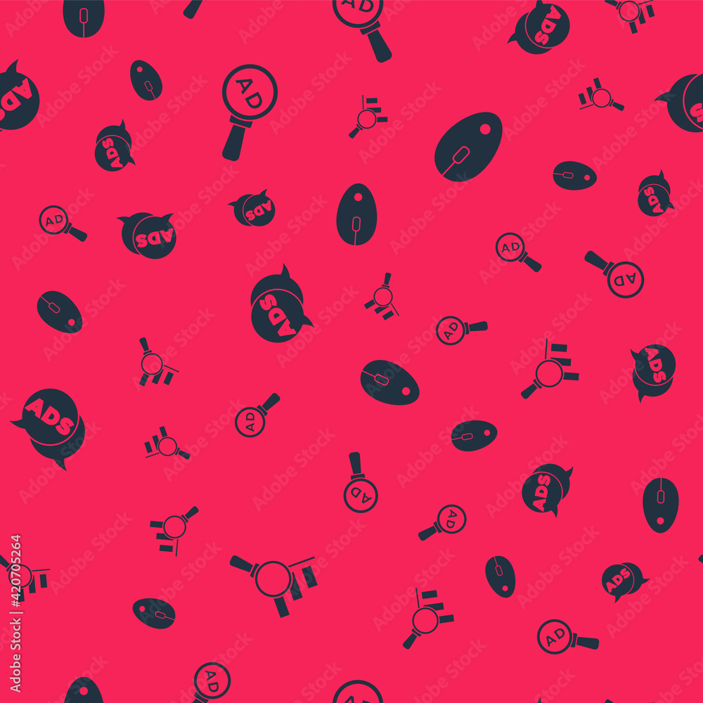 Poster set magnifying glass and analysis, advertising, and computer mouse on seamless pattern. vector