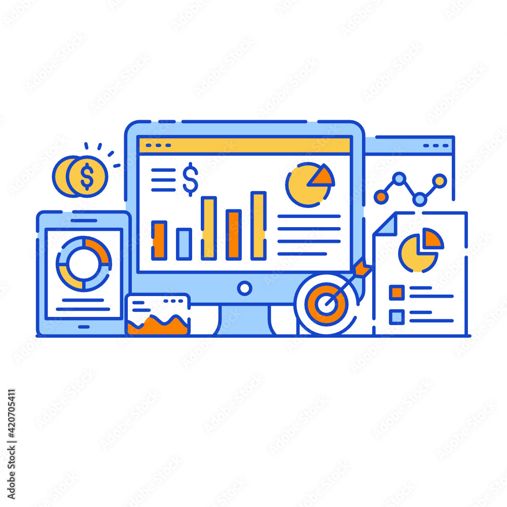 Wall mural analytics dashboard report in flat design illustration, editable vector