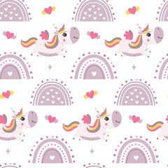 Seamless cute vector magical celestial vector pattern with unicorns, rainbows, stars, cloud, sky, wings, hearts