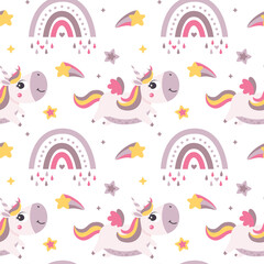 Seamless cute vector magical celestial vector pattern with unicorns, rainbows, stars, cloud, sky, wings, hearts