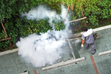 Top view of, Ornamental garden and service of spray insecticide smoke, Fogging machine spraying...