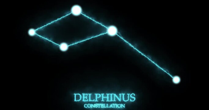 Delphinus constellation. Light rays, laser light shining blue color. Stars in the night sky. Cluster of stars and galaxies. Horizontal composition, 4k video quality