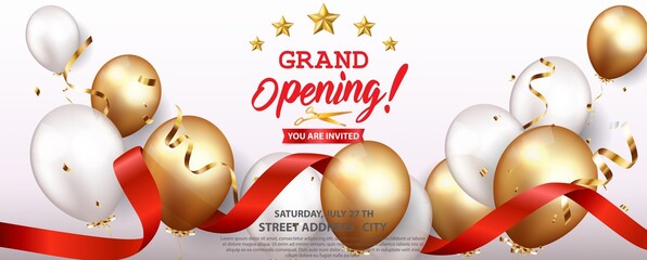 Grand opening card design with gold and red ribbon with confetti