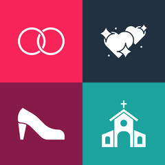 Set pop art Church building, Woman shoe, Two Linked Hearts and Wedding rings icon. Vector
