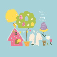 Cartoon Easter illustration with rabbits and easter eggs