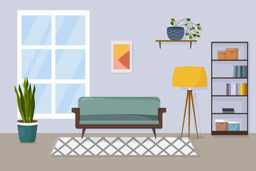 Cartoon living room with furniture and plants. Cozy interior with comfortable sofa, bookcase, lamp, carpet and window. Flat style vector illustration.