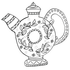 Vase, Greek jug. Crockery with anti-stress pattern. Handmade graphics. Coloring book for children and adults. Black and white. Isolate. For textiles, anti-stress, design. Stock graphics.