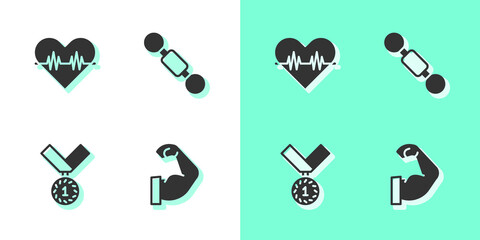 Set Bodybuilder muscle, Heart rate, Medal and Dumbbell icon. Vector