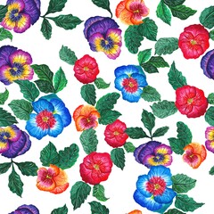 Seamless watercolor pattern of colored pansies with leaves isolated on a white background, hand-drawn. Beautiful flowers (orange, red, blue, purple) and green leaves.