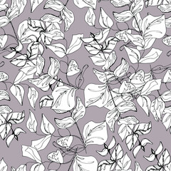 Fototapeta premium Pattern with tropical leaves at different angles, home green plants, palms. manual graphics. Botanical flower, pencil, plant element for textile decor and wallpaper. isolated stock art