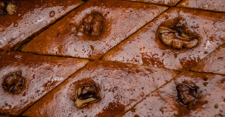 Edible pattern, food dessert banner: oriental sweet, puff baklava, two kinds of sweet with walnut....