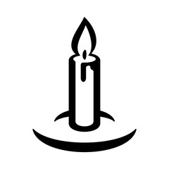 Black burning candle icon. Cylindrical candle stick with burning flame sign isolated on white background. Old fashioned lit candle vector illustration
