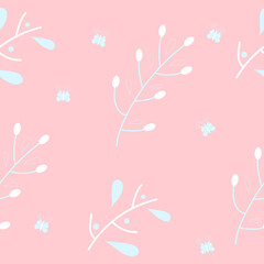 Seamless floral pattern in white, blue and pink color with unusual flowers and butterflies