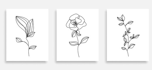 Vector Set of Hand Drawn Line Art Botanical Elements, Leaves, Flowers. Minimalist Trendy Contemporary Design Perfect for Wall Art, Prints, Social Media, Posters, Invitations, Branding Design.