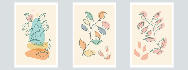 Botanical Wall Art Vector Poster Set. Minimalist Contour Foliage with Abstract Simple Shape.